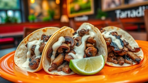 Mushroom-based tacos in Memphis with lime and sauce on orange plate.