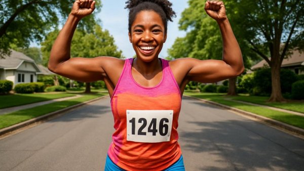 Athlete celebrating after completing Mountains to Beach Half Marathon under sunny skies.