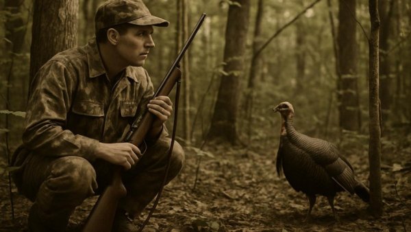 Vintage turkey hunting tactics in forest setting