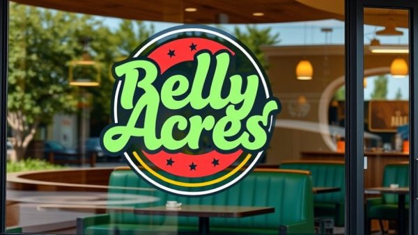 Belly Acres restaurant window logo with green booths inside