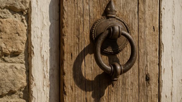 Vintage metal door knocker on whitewashed door, April home design trends.