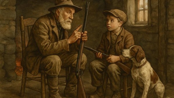 Elderly man teaches boy about hunting myths in a vintage cabin setting.