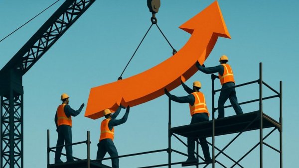 Conceptual home renovation financing illustration with construction workers and crane.