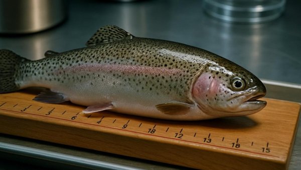 Freshly caught trout on a measuring board, scientific lab setting.