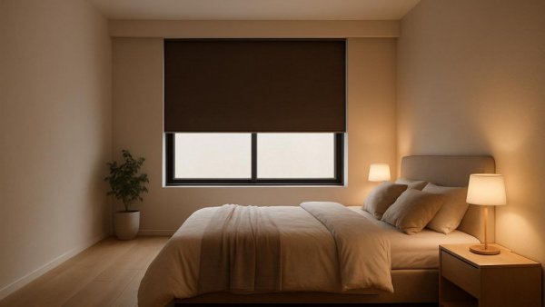 Modern bedroom with blackout shades for sleep, cozy design.