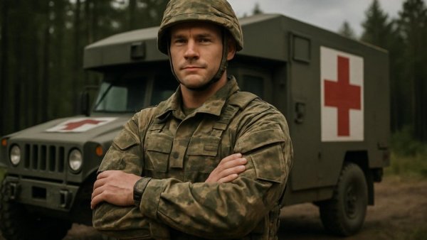 Confident soldier by military vehicle for bear attack response readiness.