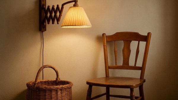 Wooden accordion wall light illuminating rustic chair and basket