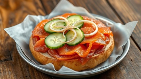 Freshly crafted Kat's Sourdough lox bagel on a rustic tray.