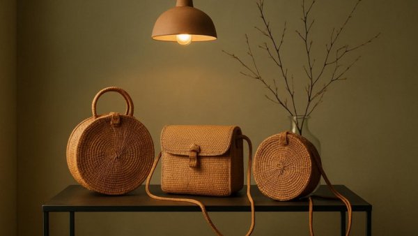 Home decor trends for wellness featuring rattan bags and vase.