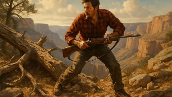 Man in plaid shirt carefully handling a rifle in rough terrain.