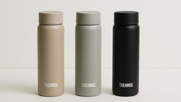 Three different Thermos bottles involved in a recall standing upright.
