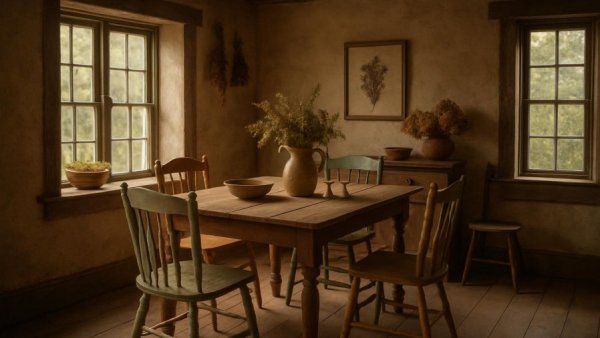 Cozy dining room with rustic sustainable home goods.