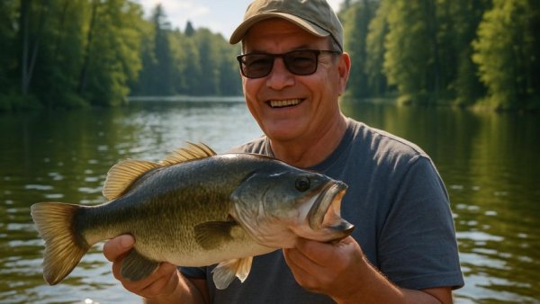 Middle-aged man holding fish by lake with dense forest in background.