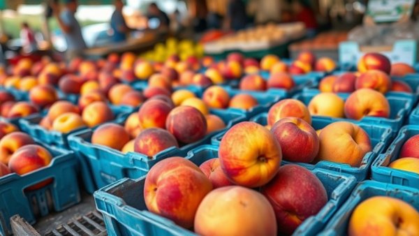 Fresh peaches in cartons at a Memphis market showcasing peach production.