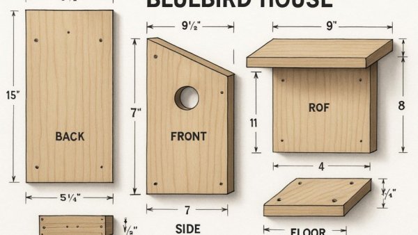 Technical diagram of a bluebird house construction plan and measurements.