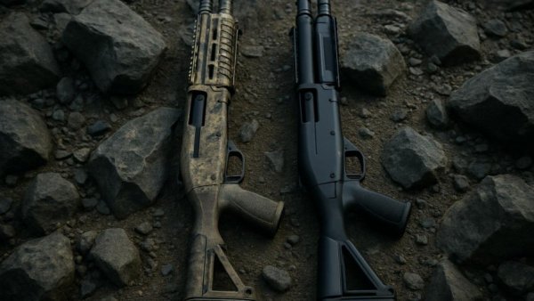 Benelli M4 EXT shotguns placed on rocky background.