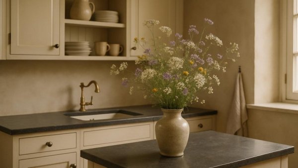 Scandinavian kitchen with rustic charm and wildflowers.