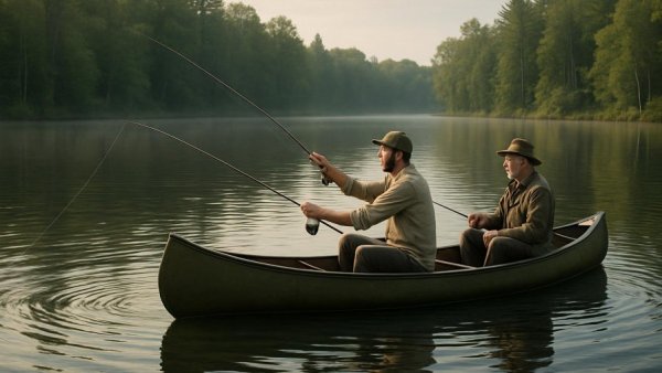 Canoe fishing for bluegill with pork rind bait on a serene lake.