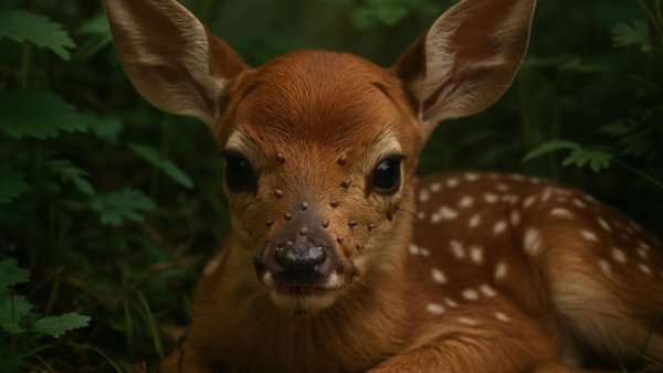 Young fawn in forest underbrush with ticks on face.