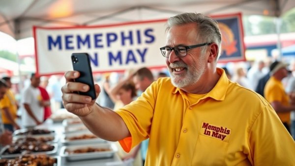 Smiling man at Memphis in May barbecue contest capturing moments.