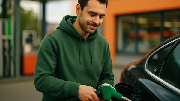 Man at gas station refueling vehicle, representing gas tax freeze concept.