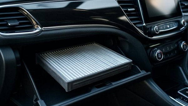 Car interior with open glovebox and visible air filter, strange car smells concept.
