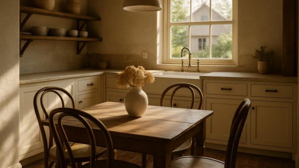 Sunlit modern farmhouse kitchen with rustic table and chairs.