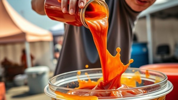 Man pouring sauce at Memphis in May Barbecue Contest, action splash.