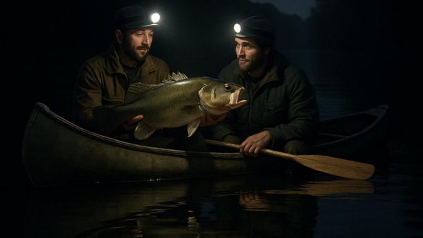 Anglers in canoe holding fish at night reflecting on conservation efforts