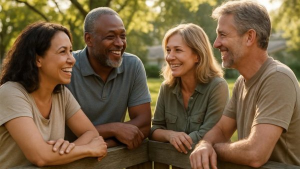 Friendly neighbors meeting over a garden fence.
