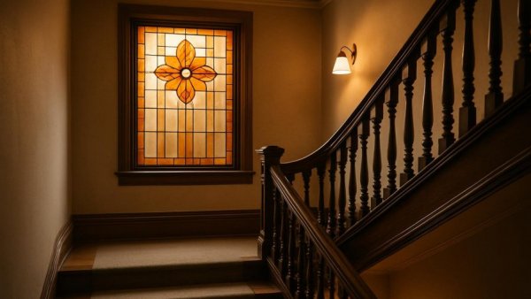 Stained glass in modern homes, elegant stairwell with warm lighting.