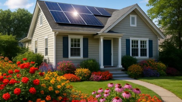 Modern house with solar panels enhancing home energy efficiency.