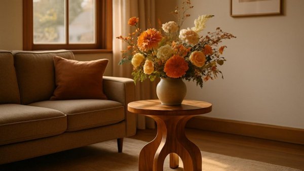 Shop Estate Sales for Home Décor: Unique end table with flowers by the window.