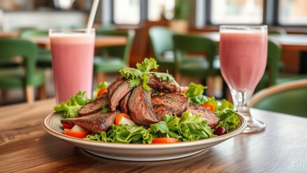 $15 steakhouse salad with pink smoothie on wooden table