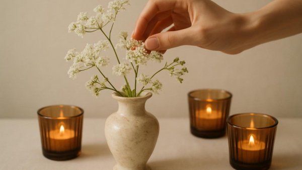 Elegant arrangement with vintage vase and candle holders in Exclusive Home Discounts May theme.