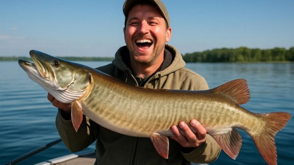 Angler holds trophy muskie on a lake, showcasing best waters.
