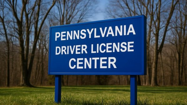 Pennsylvania Driver License Center sign in a grassy area.