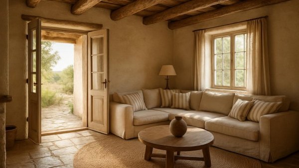 Cozy Patmos inspired living room with rustic decor and natural light.