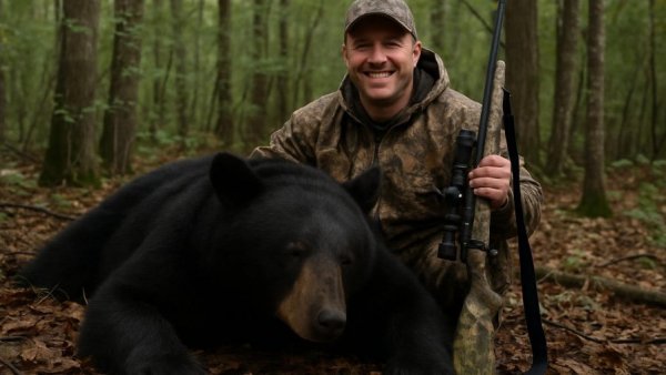 Hunter with rifle next to bear in forest; 22 ARC vs .243 Winchester.