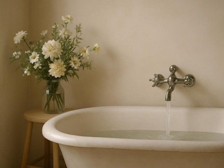 Serene minimalist bathroom with vintage bathtub embodying weekend lull.