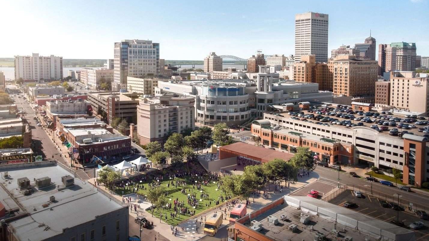 Aerial view of W.C. Handy Park Amphitheater on Beale Street in downtown Memphis filled with people, designed by designshop architecture