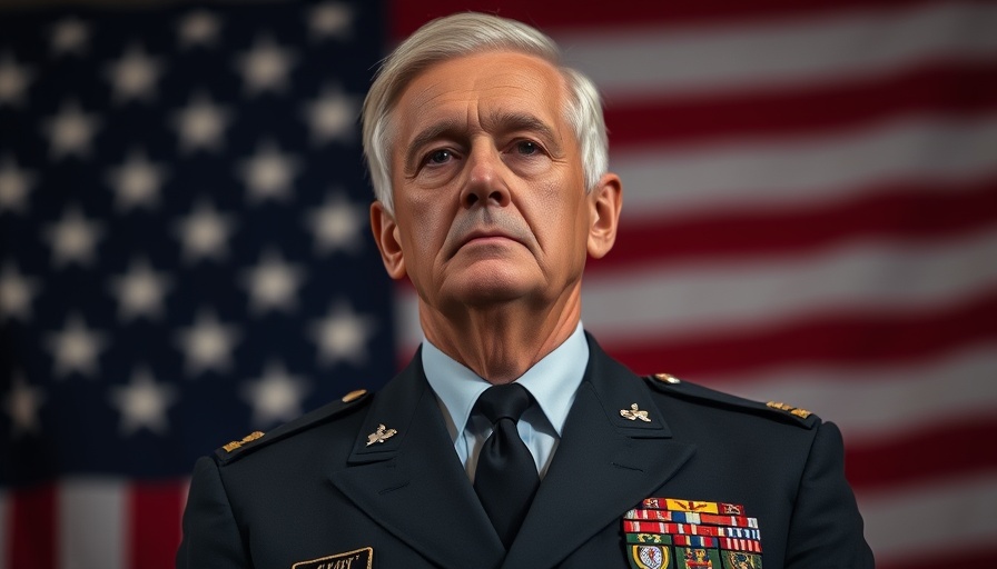 Uniformed man against American flag backdrop, solemn expression.