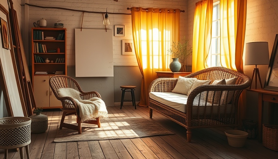 Provence-inspired room with wicker furniture and art at Atelier Vime