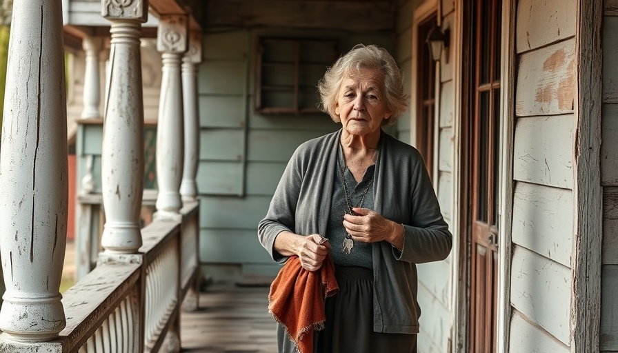 Support Seniors in Community: Elderly woman on porch holding keys.