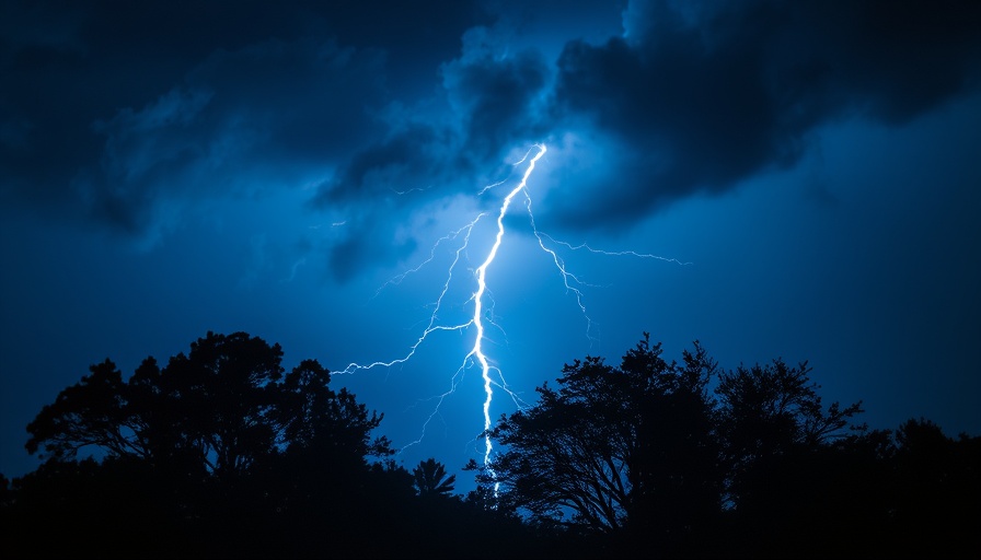 Intense lightning bolt striking in a stormy night sky, silhouetted trees below.