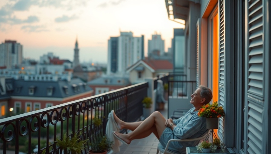 Relaxed summer dinner gathering on a charming balcony with city view