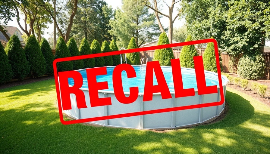 Above-ground pool with recall sign indicating drowning hazard.