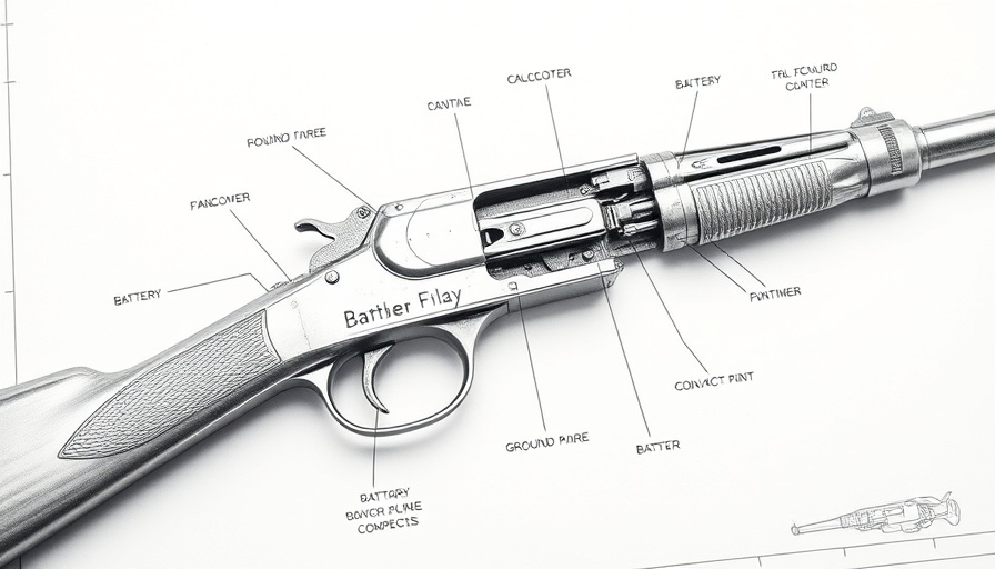 Vintage firearm mechanism schematic with battery and contacts.