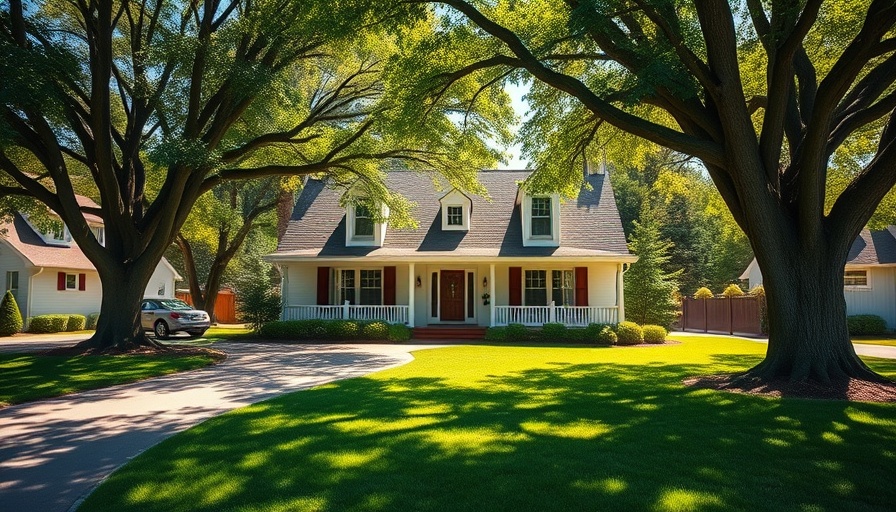 Charming suburban house with large trees and bright sunlight.