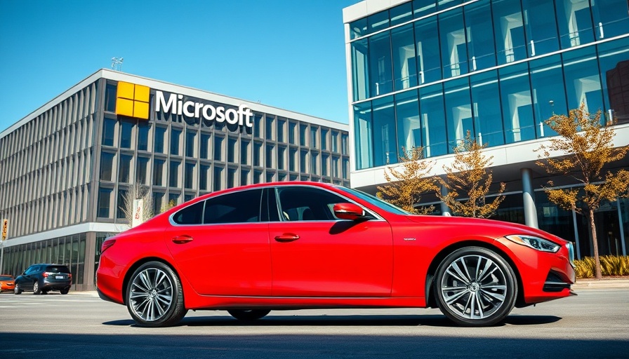 Luxury red sedan in front of Microsoft for in-car Microsoft Teams integration.